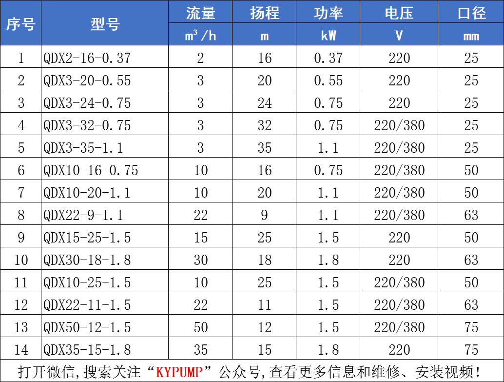 QDX小型潛水泵參數(shù)